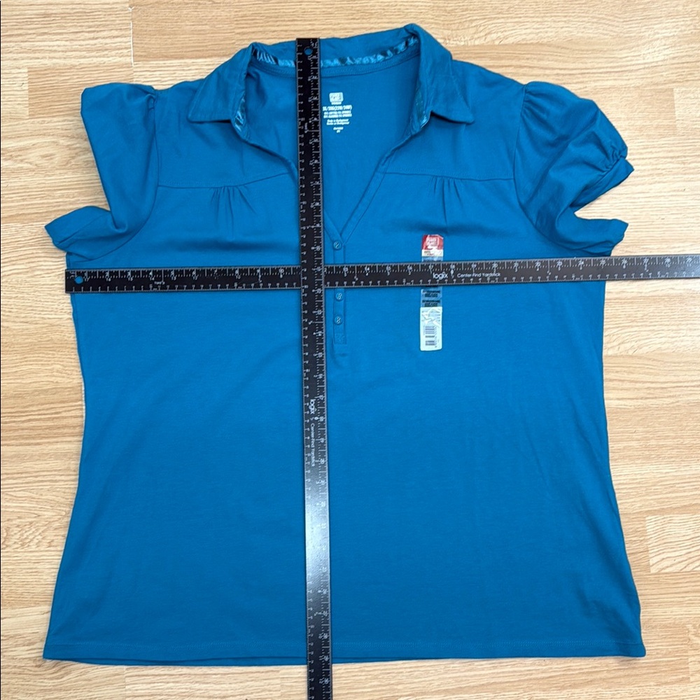 Faded Glory 3X Teal Stretch Polo Blouse Split Neck Roll Tab Sleeve Casual Top - Picture 4 of 7